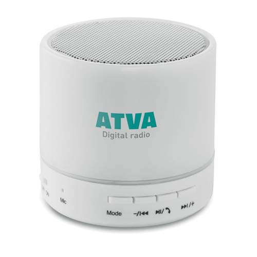 altavoz digital blanco ATVA con rejilla superior y botones de reproducción en la base