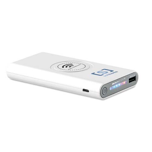 batería externa blanca con función de carga inalámbrica, puerto USB y luz indicadora de nivel de batería