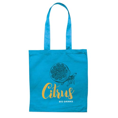 Bolsa de tela azul con dibujo de una rodaja de cítrico y texto Citrus Bio Drinks