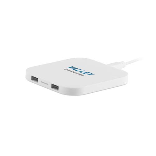 cargador inalámbrico blanco cuadrado con dos puertos USB y logotipo Valley