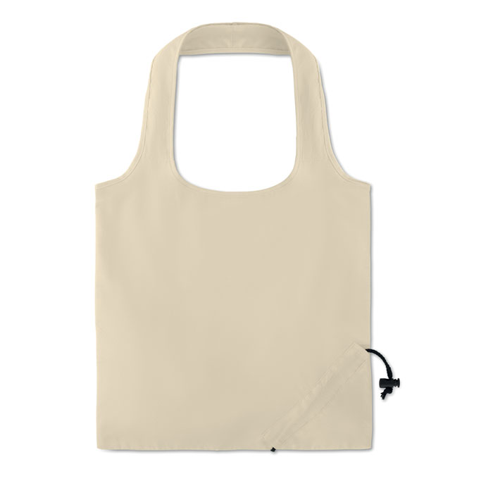 bolsa reutilizable de tela beige plegable con cordón de ajuste