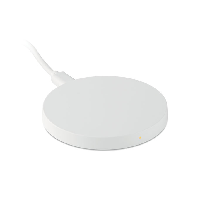 cargador inalámbrico redondo blanco con indicador LED y cable integrado