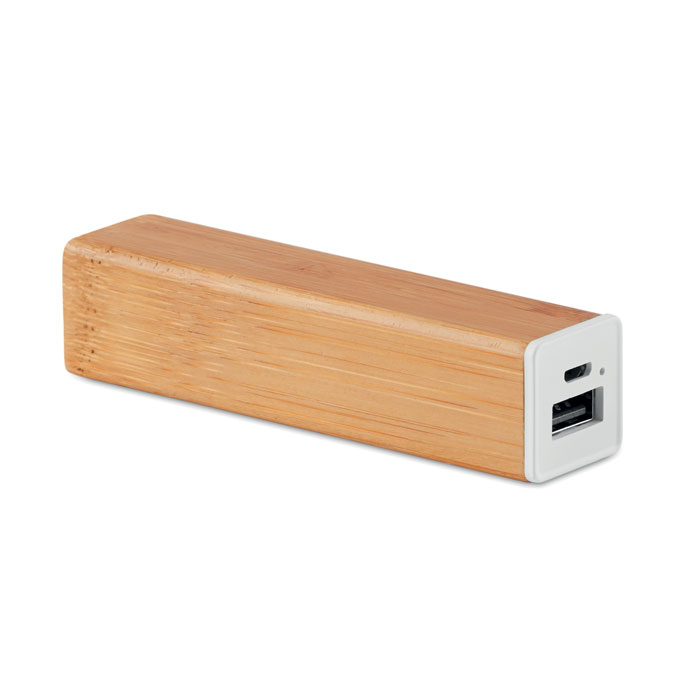 Batería externa de bambú con puerto USB-A y micro-USB compacto