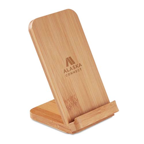 soporte de bambú para móvil con logo Alaska Connect
