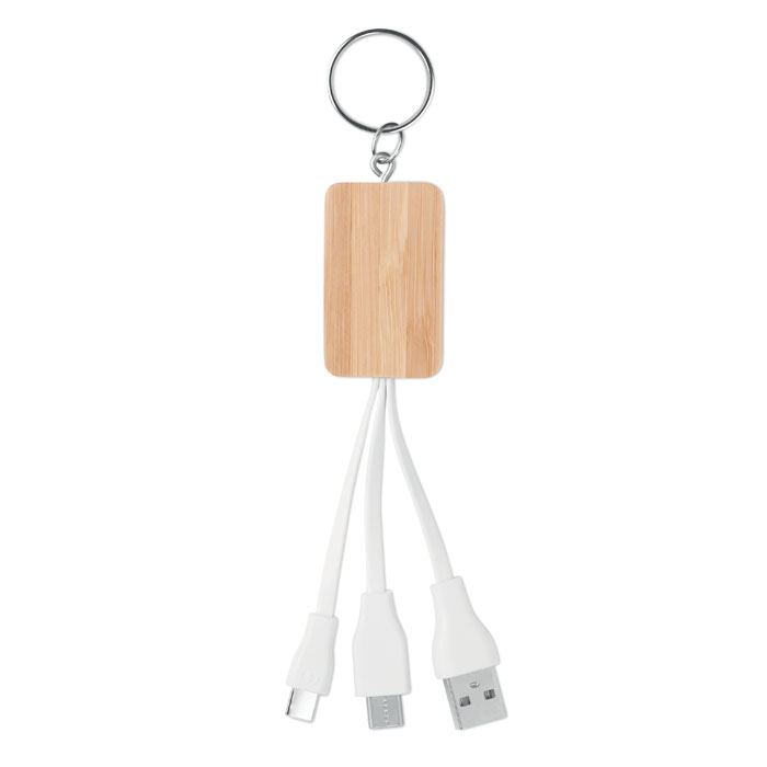 Llavero con bloque de madera y cable con conectores USB-A, USB-C y micro-USB