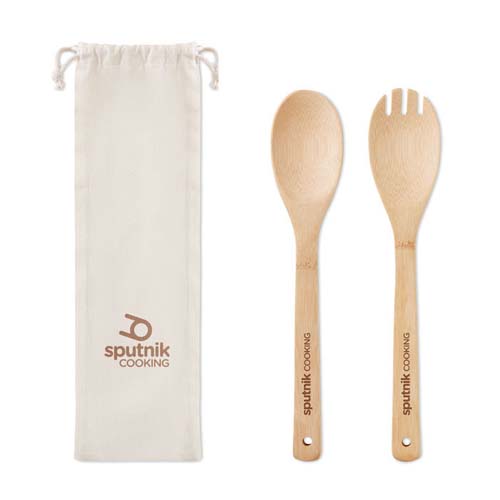 Cucharas de servir de bambú con funda de tela estampada con el logo Sputnik Cooking