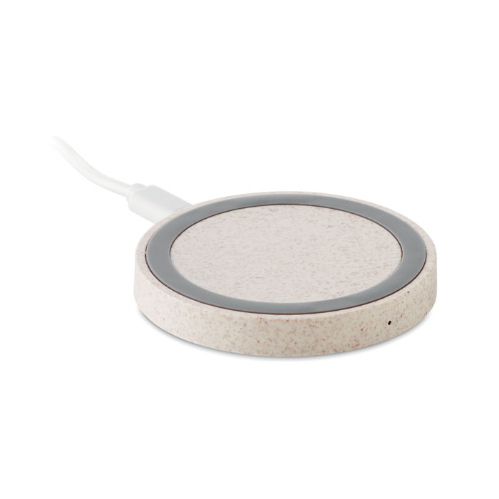 cargador inalámbrico redondo de fibra de trigo con base antideslizante y cable integrado