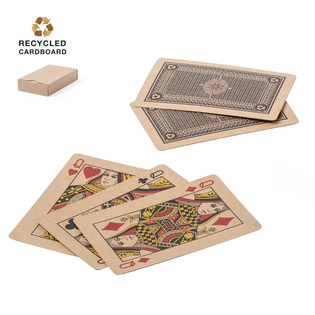 Baraja de cartas de cartón reciclado con varias reinas y estuche sencillo.