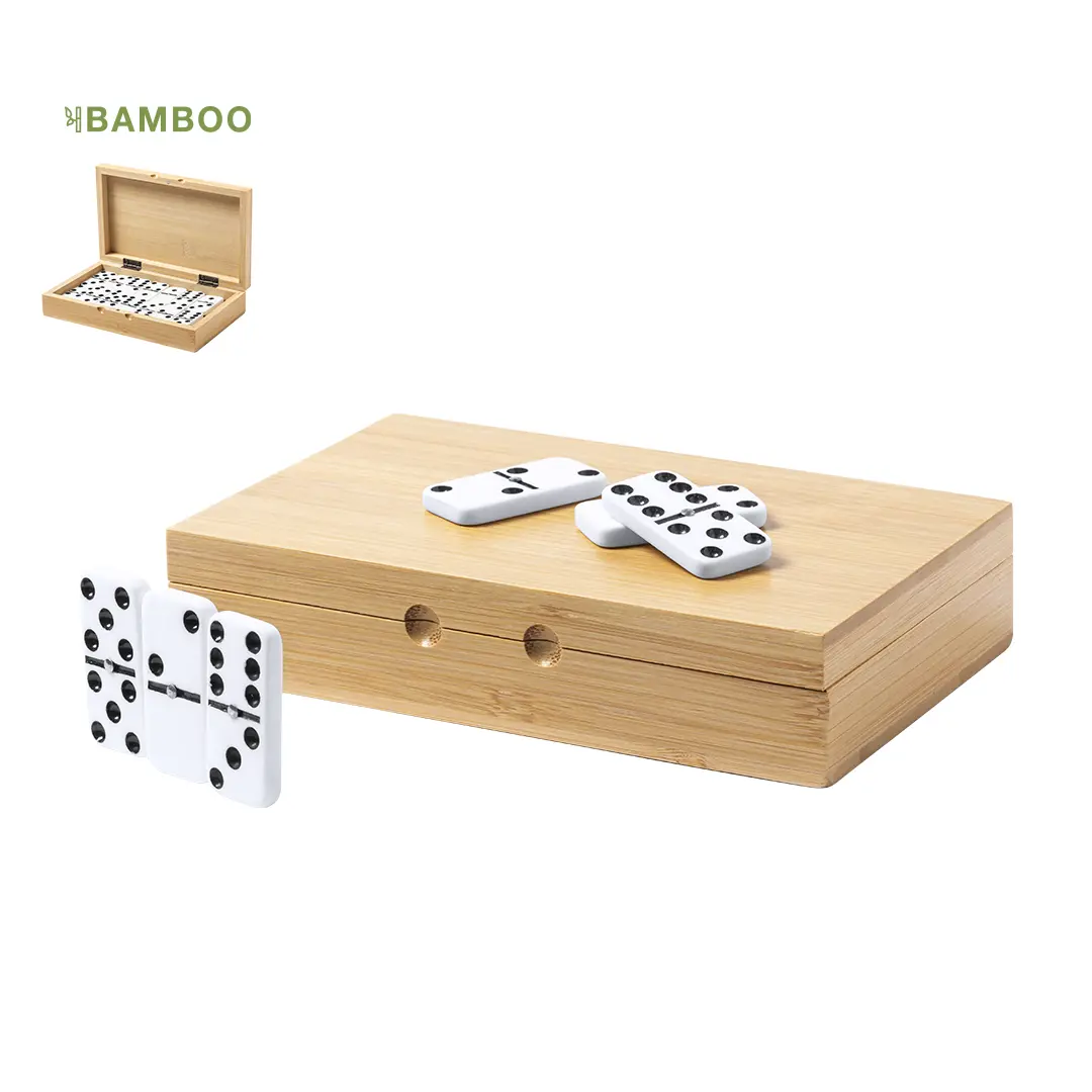 Juego de dominó con fichas blancas de puntos negros y estuche de bambú cerrado