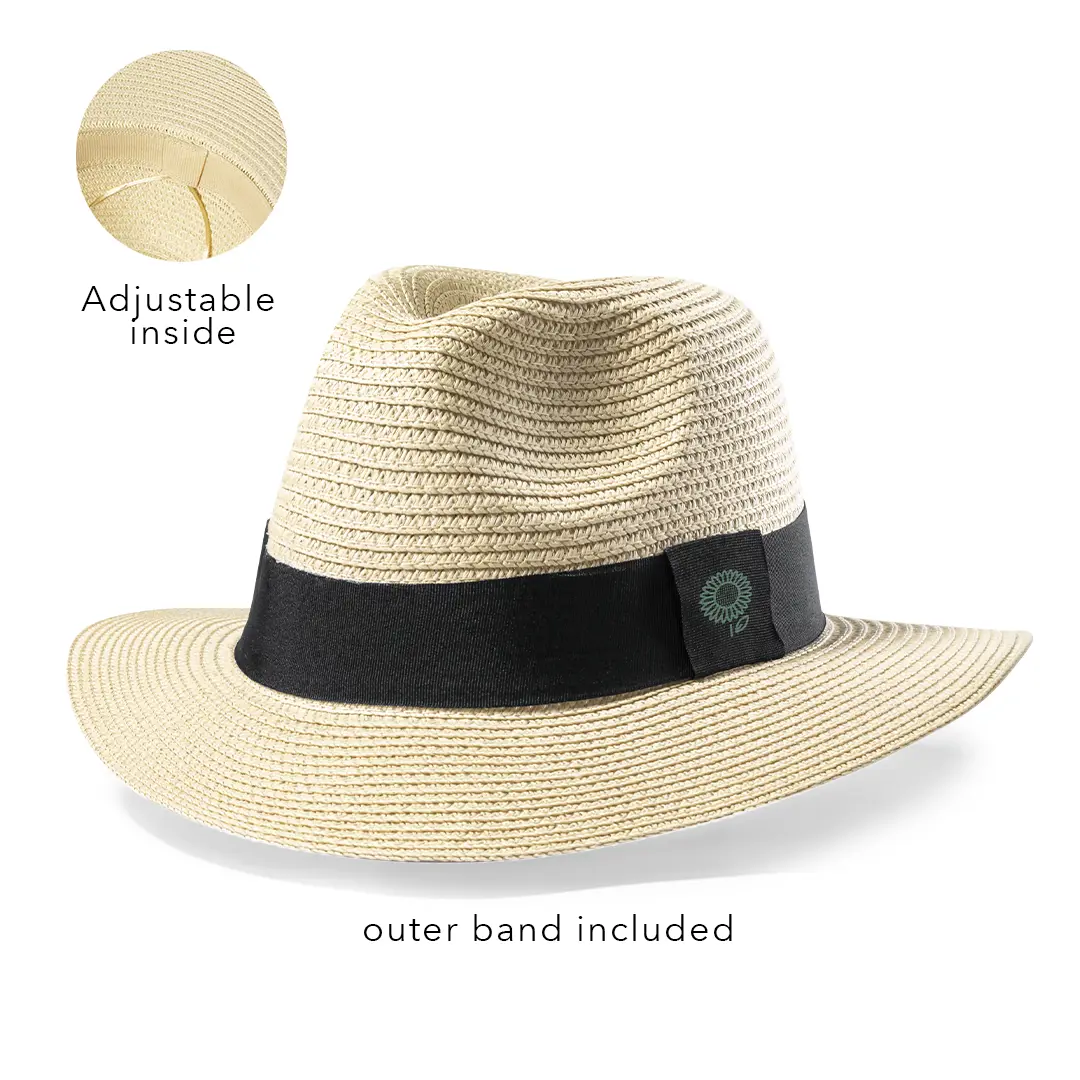 Sombrero de paja beige estilo fedora con cinta negra exterior y ajuste interior