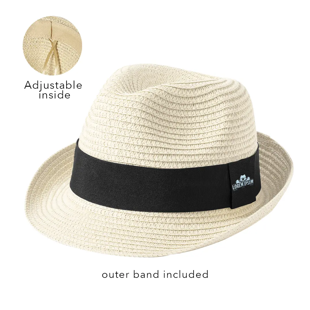 Sombrero fedora de paja en tono beige con cinta negra exterior y ajuste interior