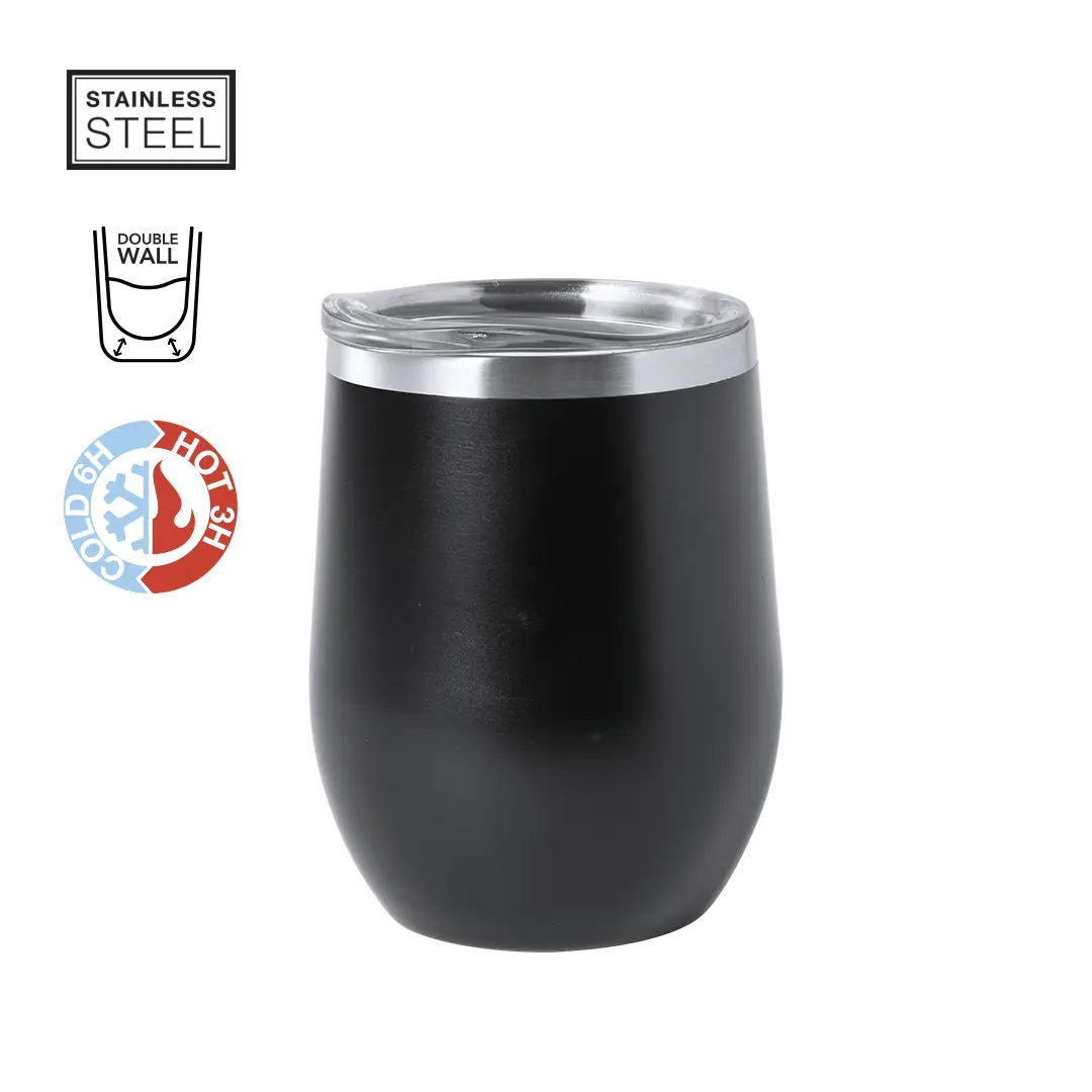 Vaso termo negro de acero inoxidable con doble pared y tapa transparente, mantiene bebidas frías 6 h y calientes 3 h.