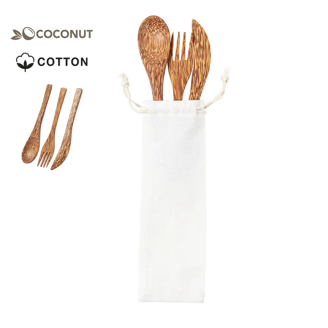 Set de cubiertos de madera de coco (cuchara, tenedor y cuchillo) en funda de algodón blanco