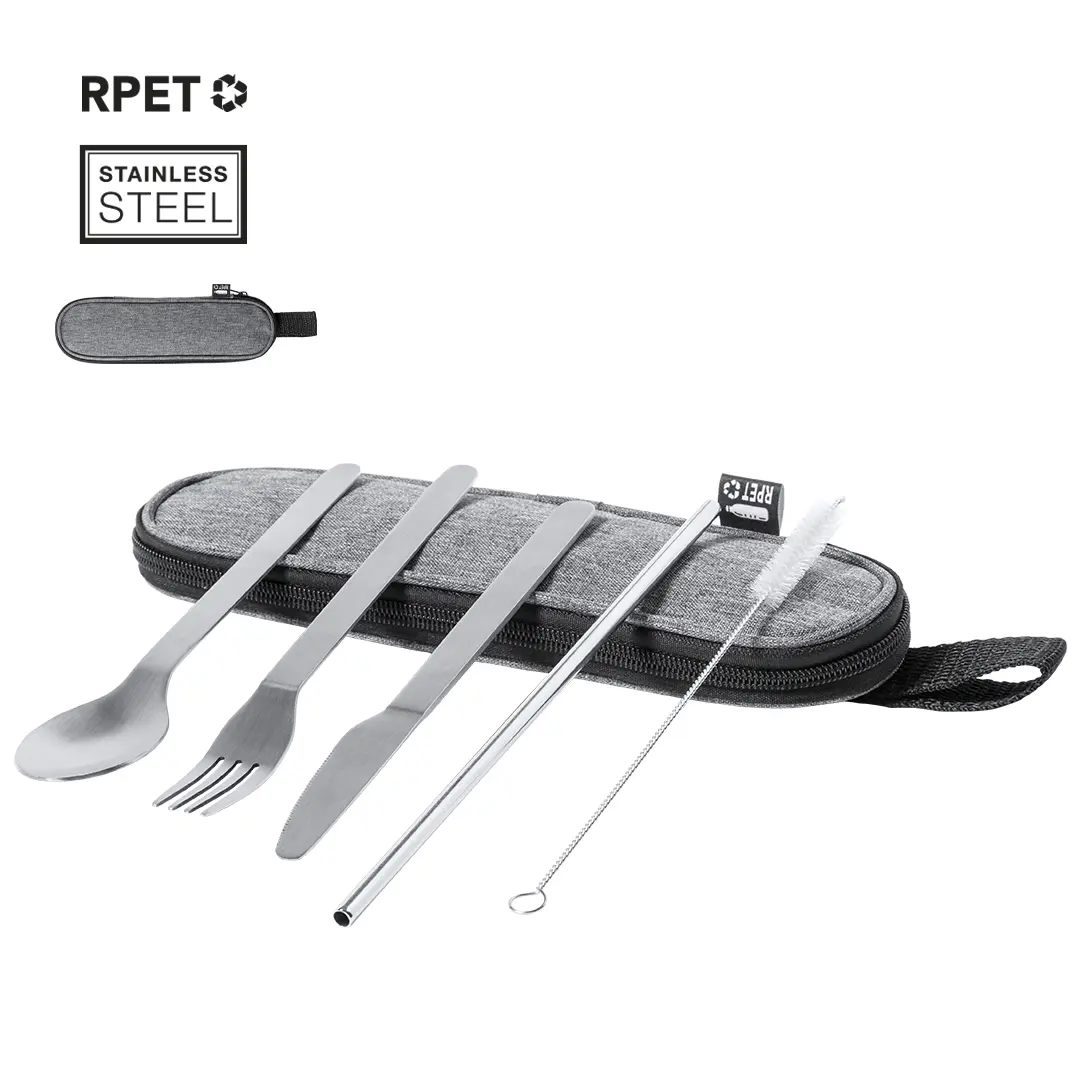 Set de cubiertos reutilizables de acero inoxidable con funda gris, incluye cuchara, tenedor, cuchillo, pajita y cepillo limpiador