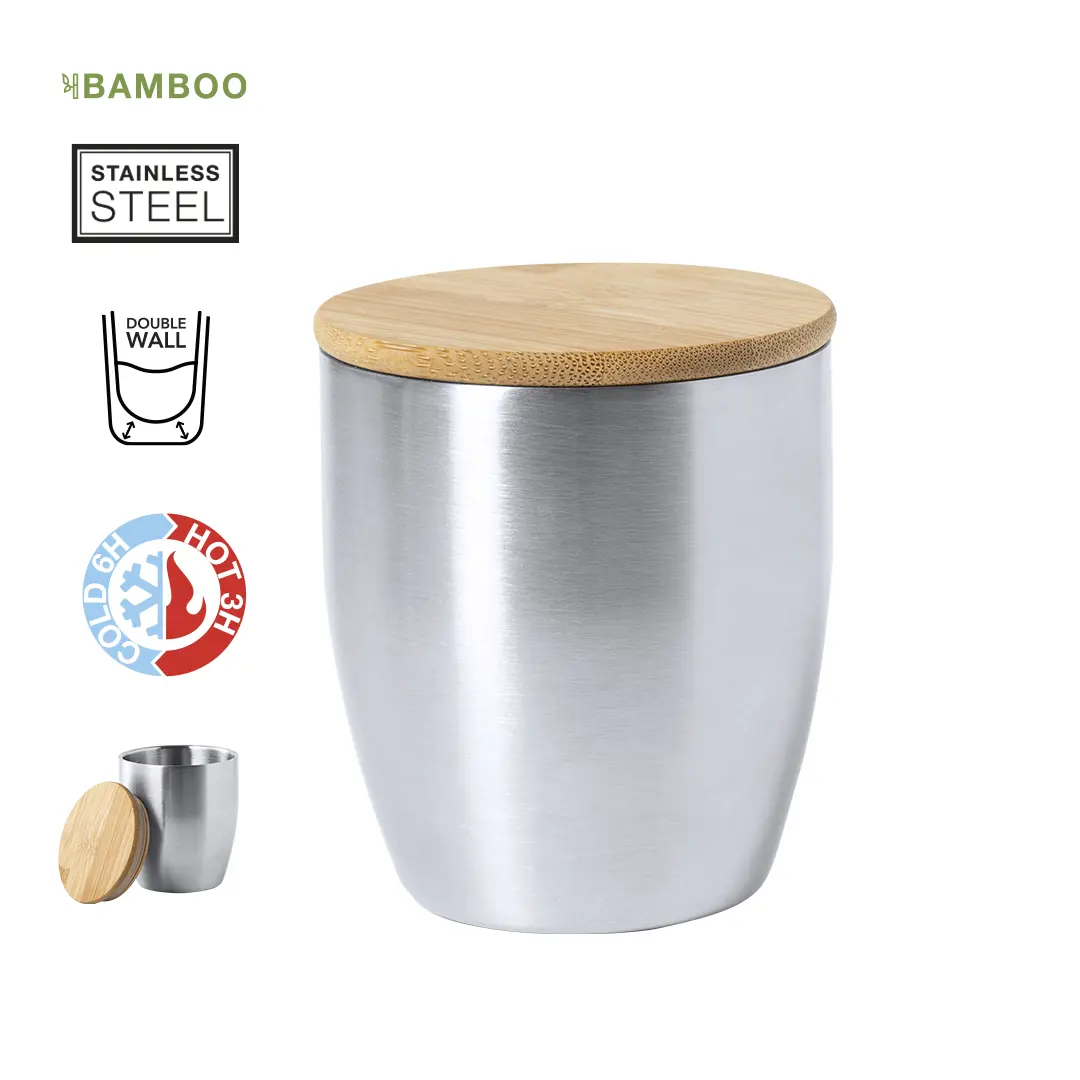 vaso de acero inoxidable de doble pared con tapa de bambú aislante