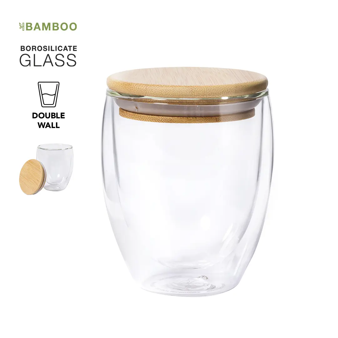 Vaso de vidrio borosilicato de doble pared con tapa de bambú natural