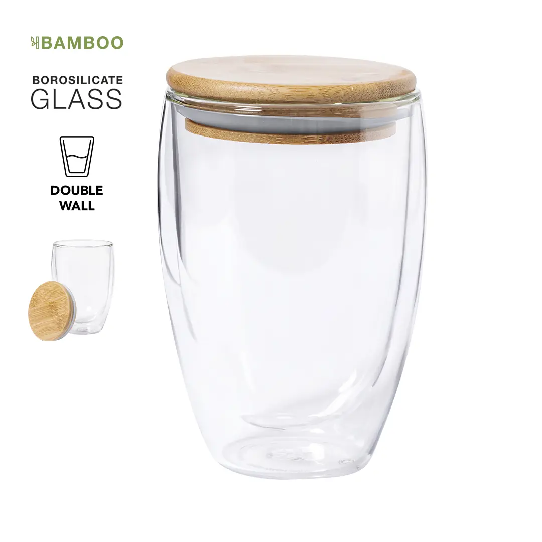 vaso de vidrio borosilicato de doble pared con tapa de bambú