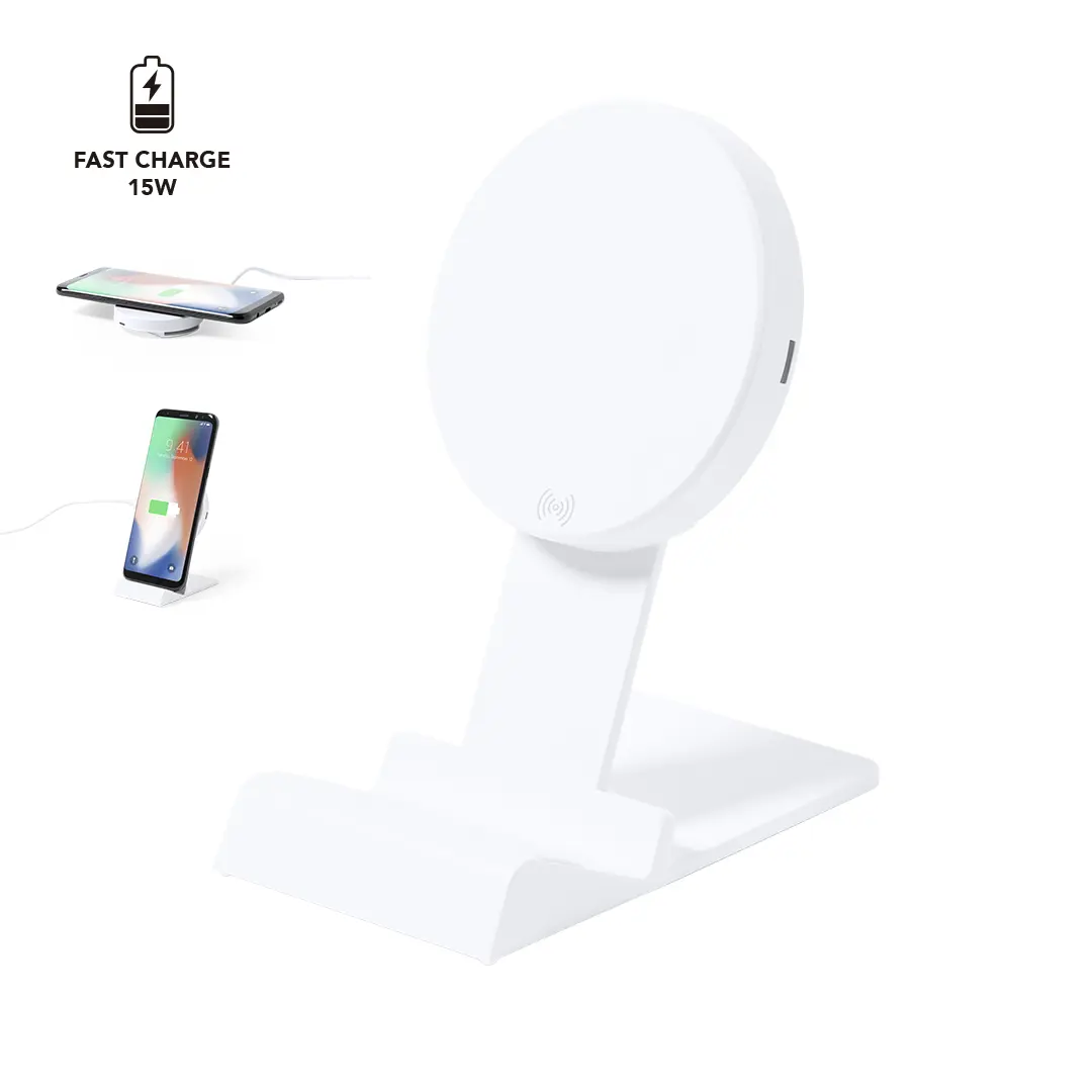 Soporte de carga inalámbrica vertical blanco de 15 W con smartphone apoyado.