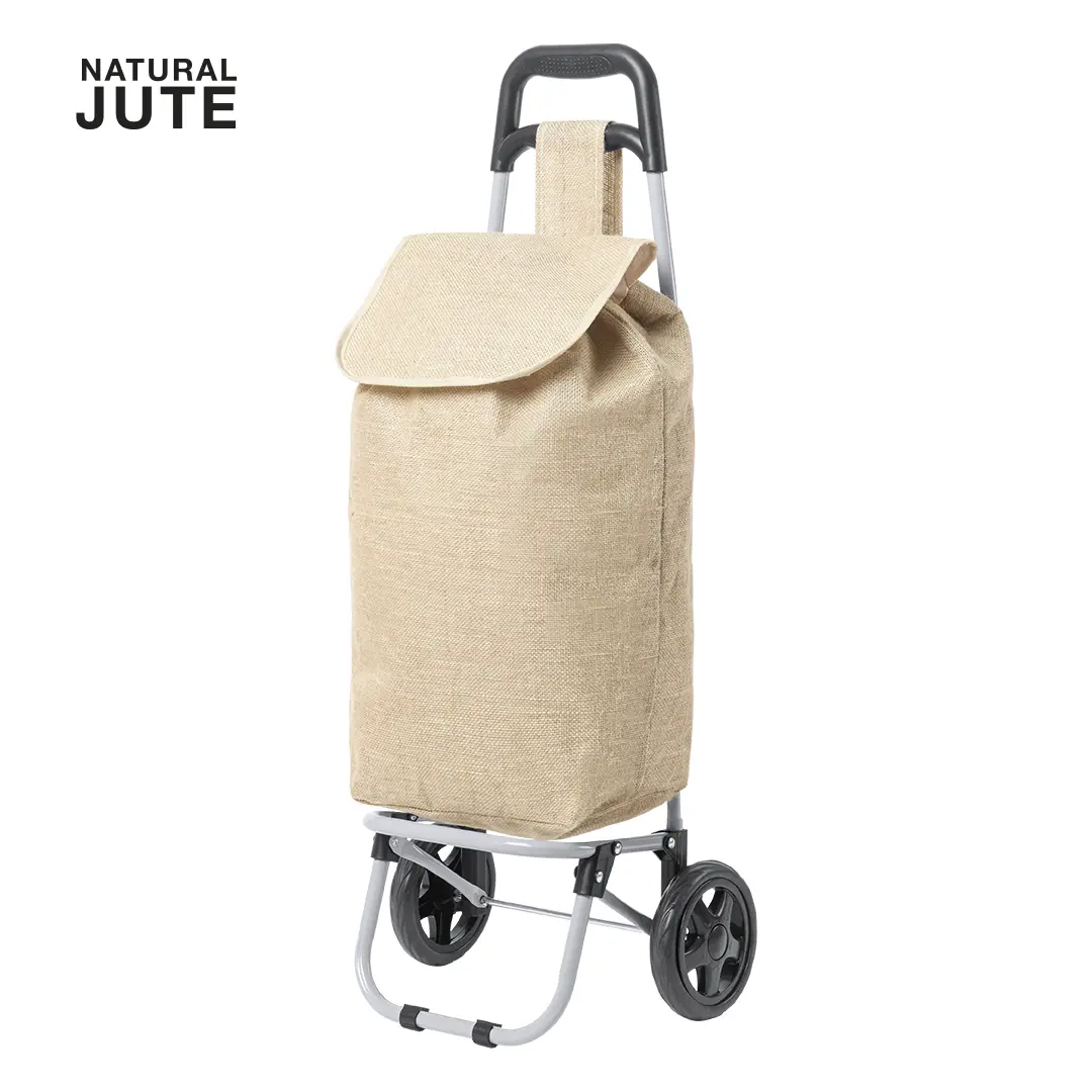 carrito de la compra con estructura metálica y bolsa de yute natural de dos ruedas