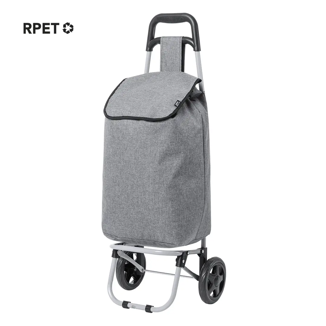 Carro de la compra plegable con bolsa gris de tejido reciclado RPET y estructura metálica con ruedas delanteras.