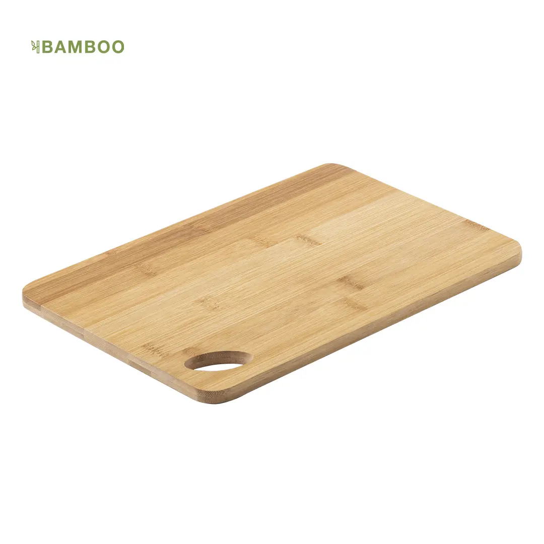 Tabla de cortar rectangular de bambú con asa ovalada para colgar
