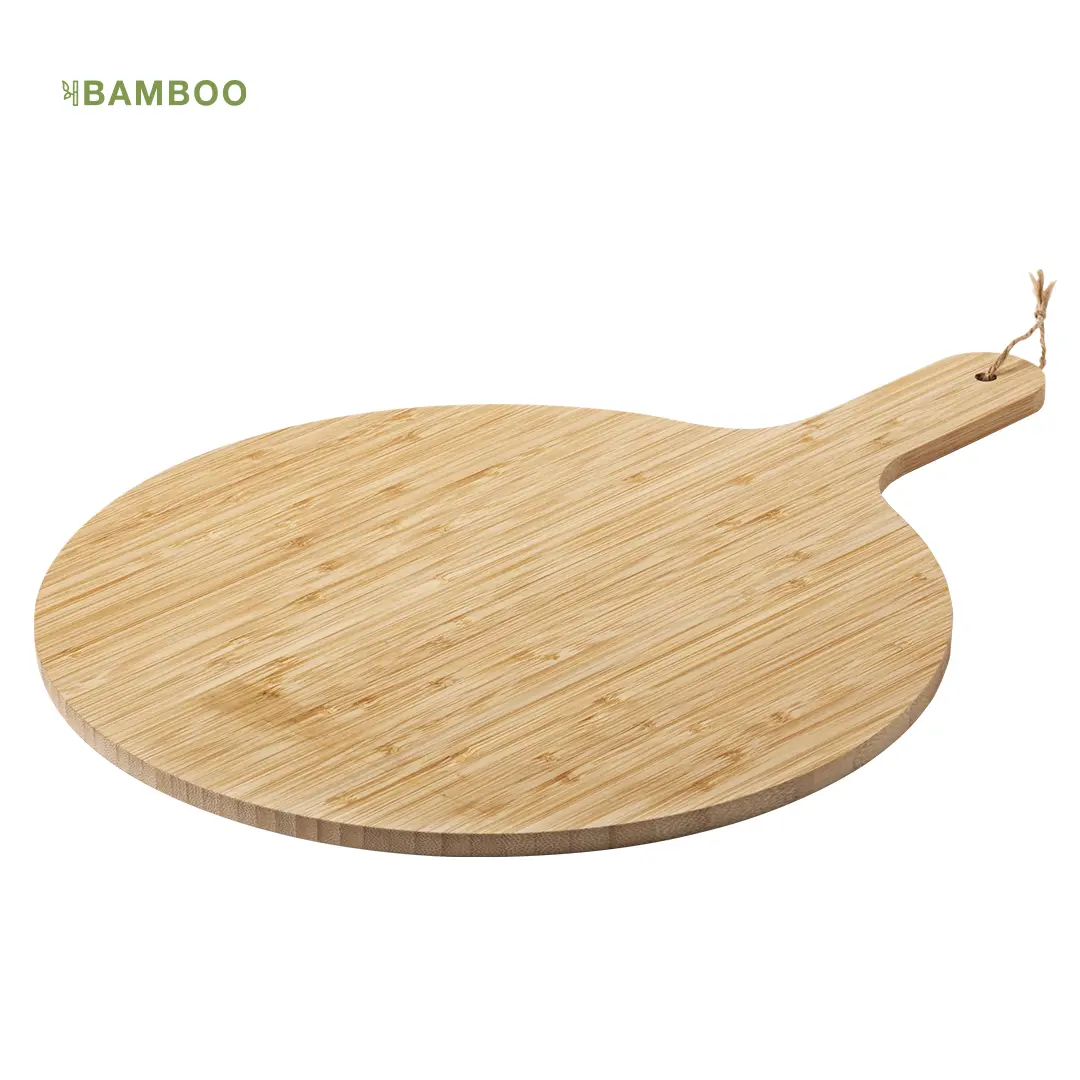 tabla de pizza redonda de bambú con mango y cordón de colgar