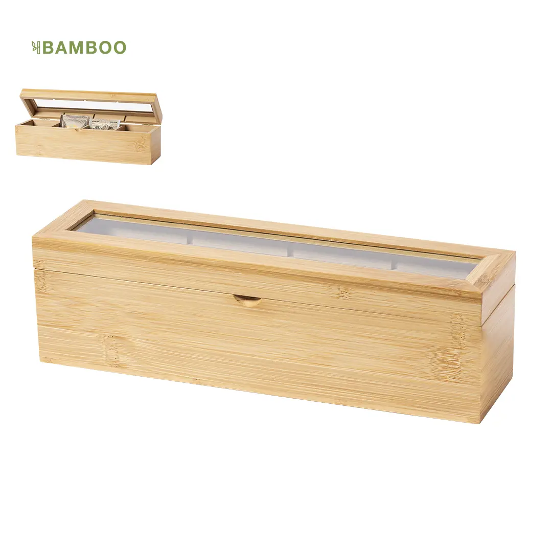 caja de té de bambú con tapa de cristal y compartimentos interiores para bolsitasérépression