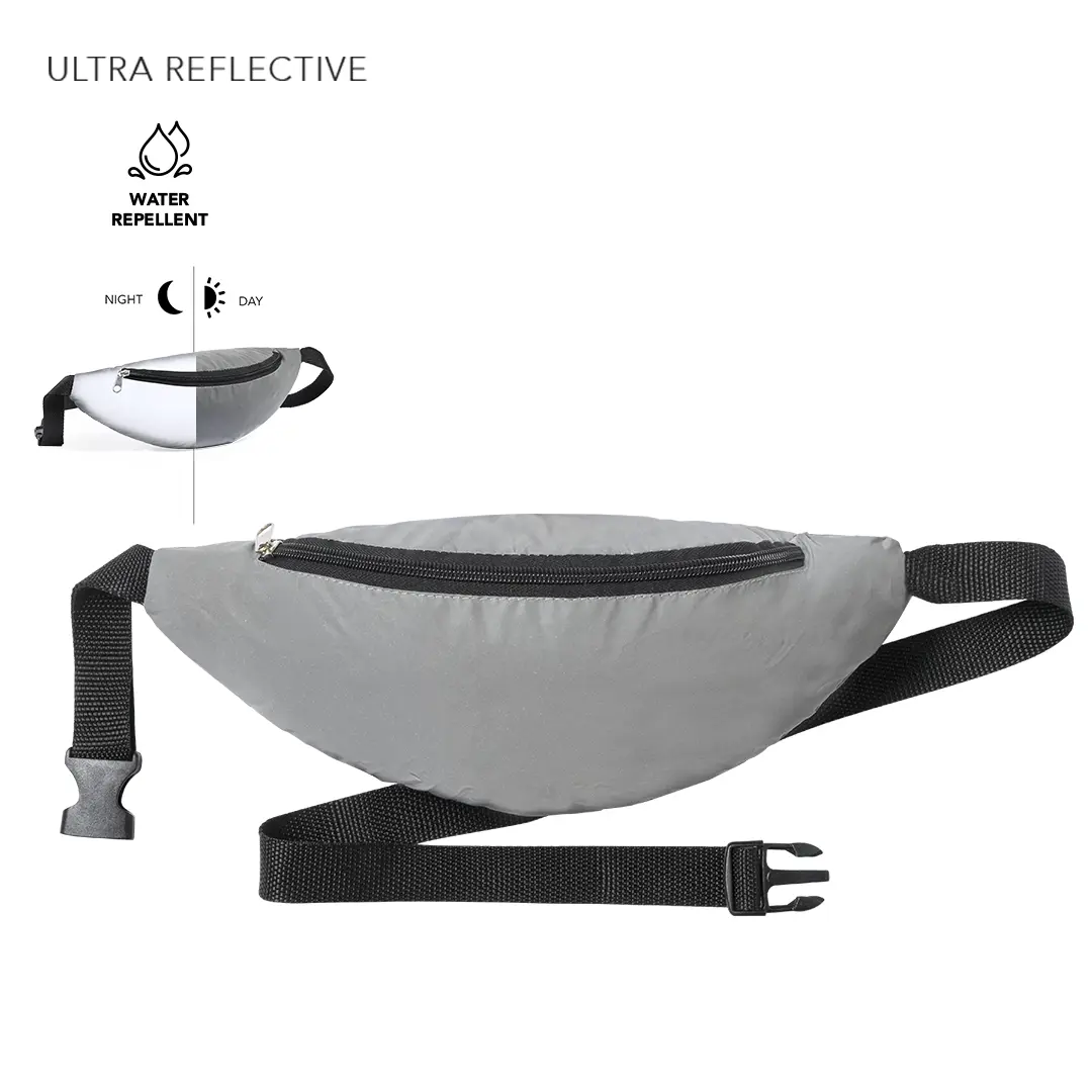 riñonera gris ultra reflectante e impermeable con cremallera y correa ajustable