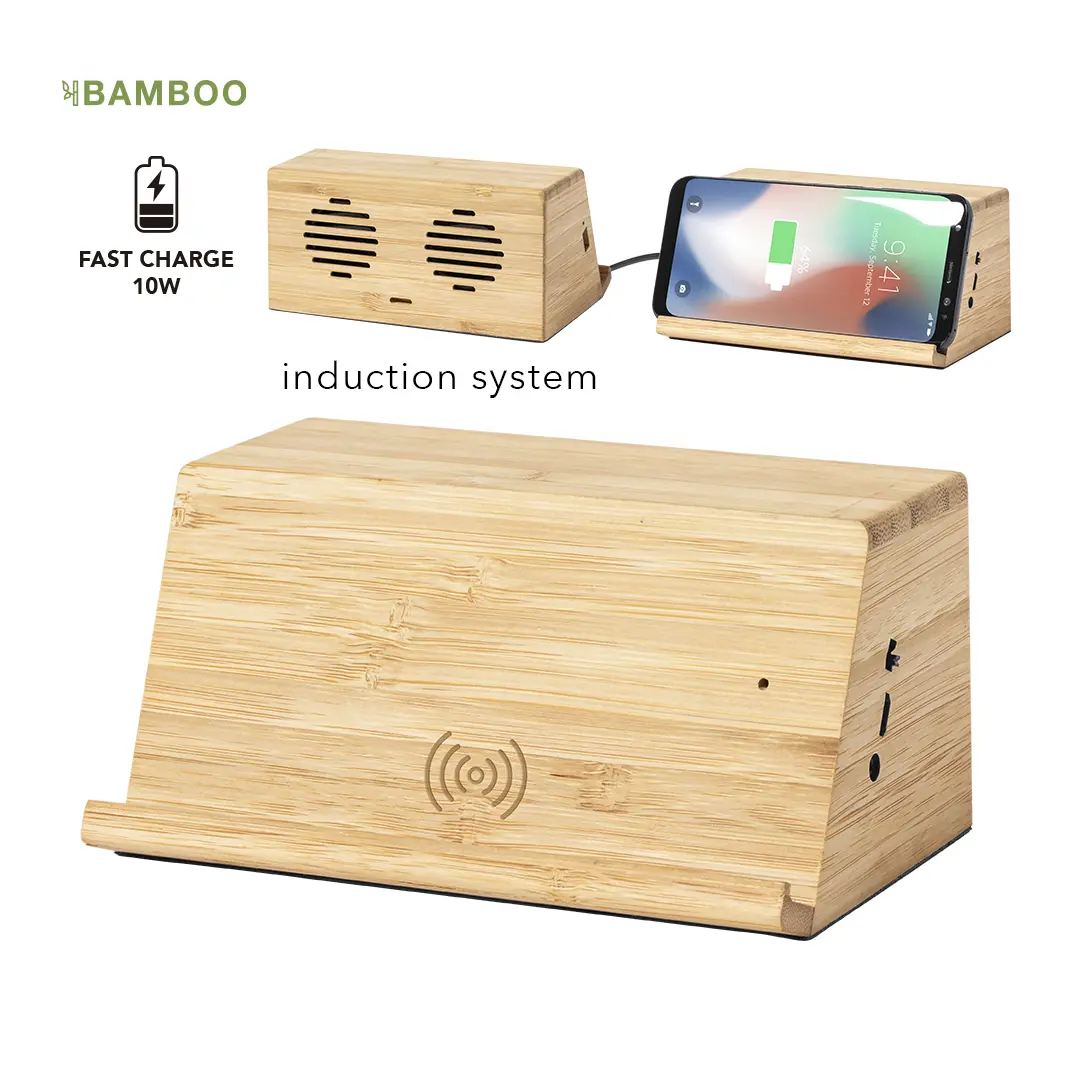 Base de bambú con sistema de inducción para carga inalámbrica rápida y altavoces integrados como soporte para móvil