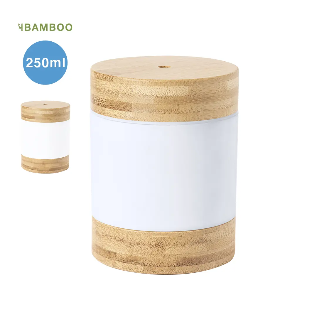 difusor de aromas de 250 ml con base y tapa de bambú y cuerpo cilíndrico blanco