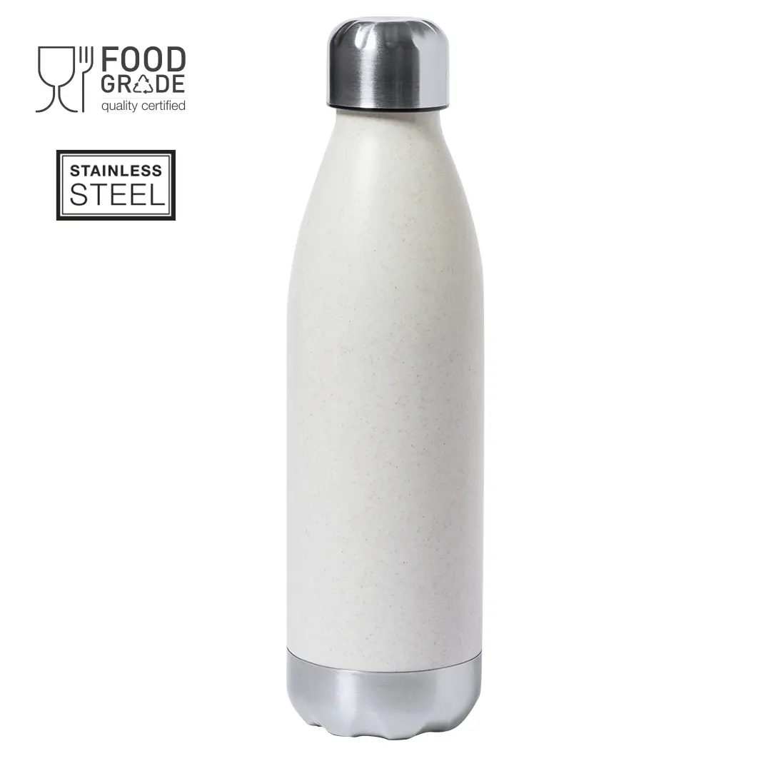 Botella isotérmica blanca de acero inoxidable con certificado Food Grade y aislamiento térmico.