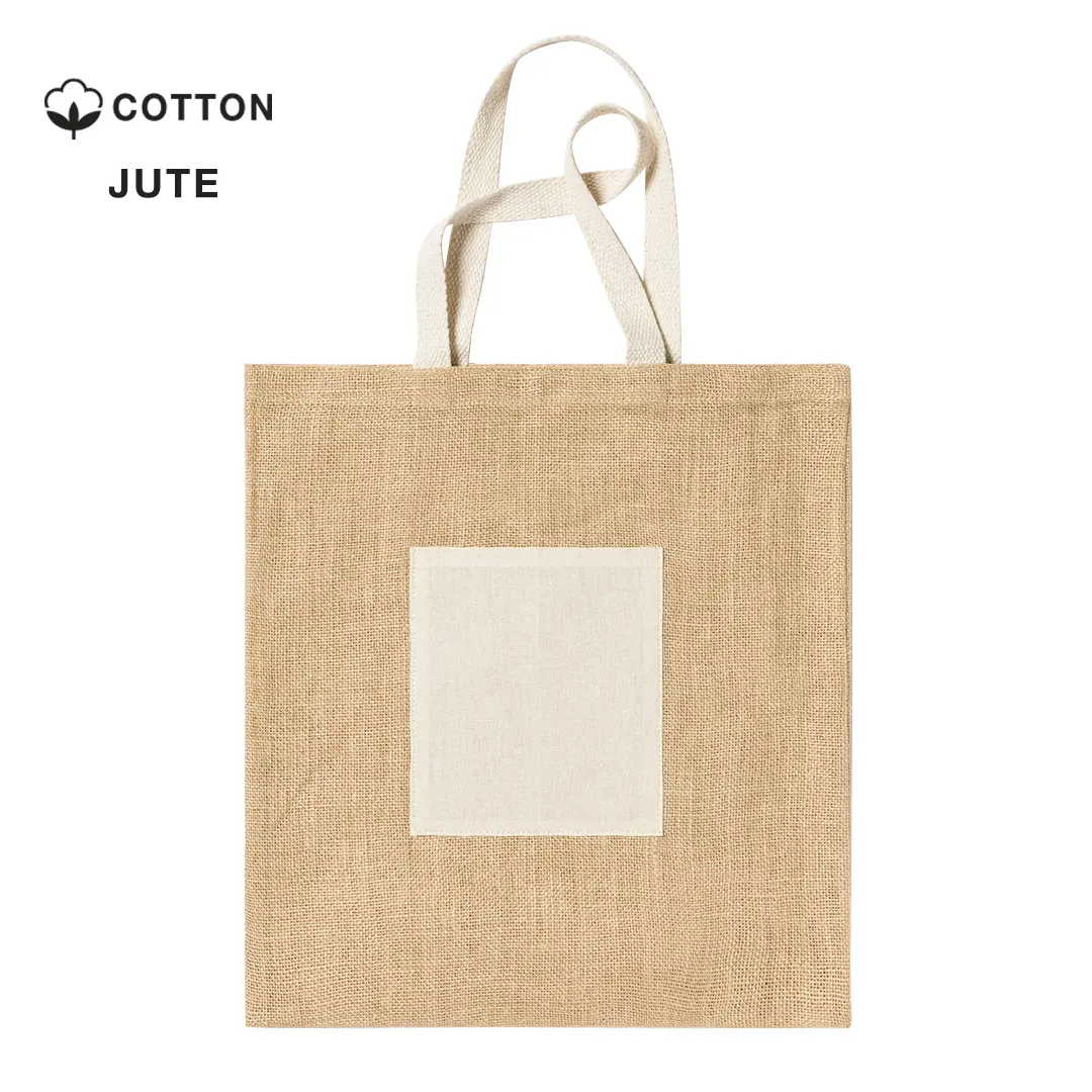 Bolsa de yute con bolsillo frontal de algodón y asas largas.