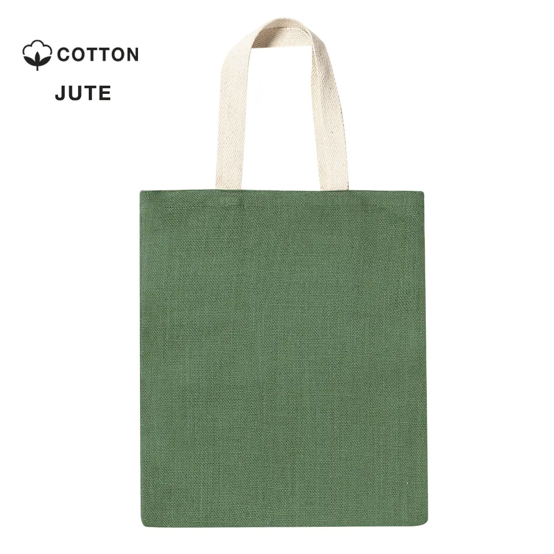 bolsa tote verde de yute con asas de algodón claro