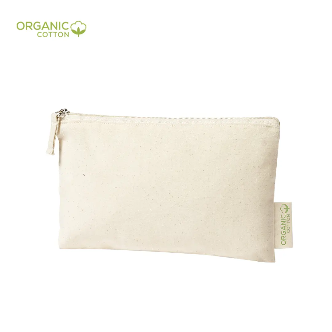 neceser rectangular de algodón orgánico color crudo con cremallera y etiqueta Organic Cotton sobre fondo blanco