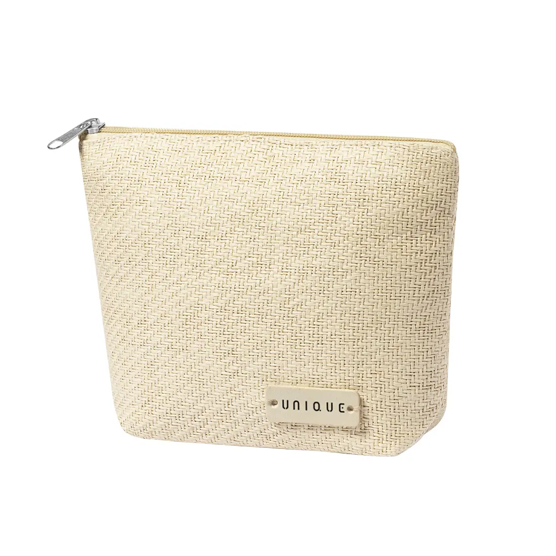 bolsa de mano beige de textura trenzada con cremallera y placa metálica Unique