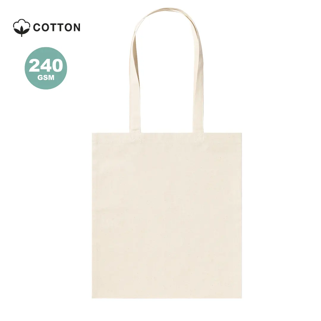 Bolsa tote de algodón natural 240 GSM con asas largas sobre fondo blanco