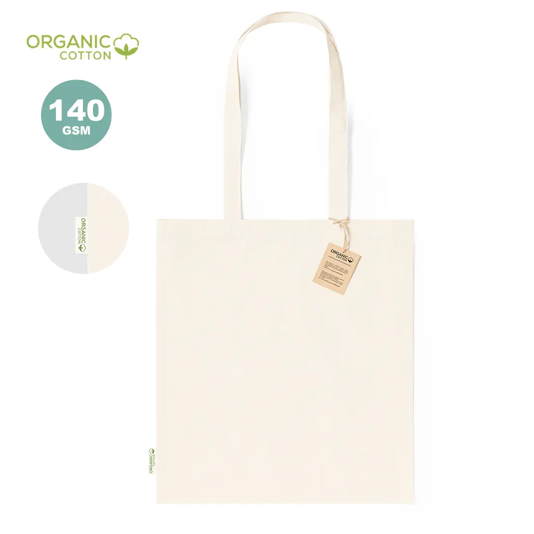 Bolsa tote de algodón orgánico color crudo con asas largas y etiqueta de 140 GSM