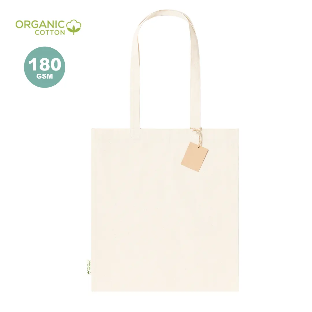 Bolsa tote de algodón orgánico 180 GSM en tono crudo con asas largas y etiqueta colgante