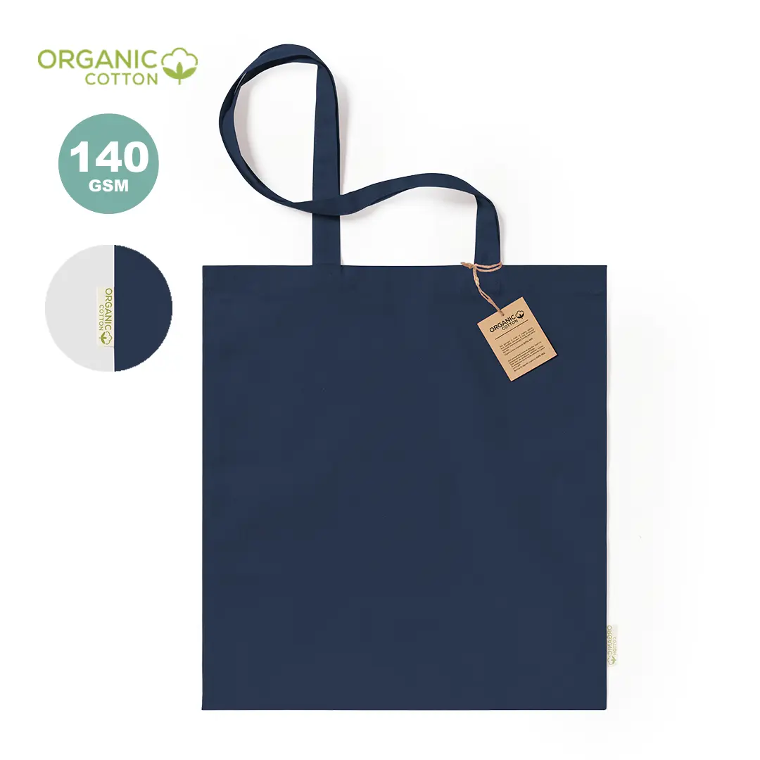 Bolsa de algodón orgánico azul marino (140 GSM) con asas largas y etiqueta colgante
