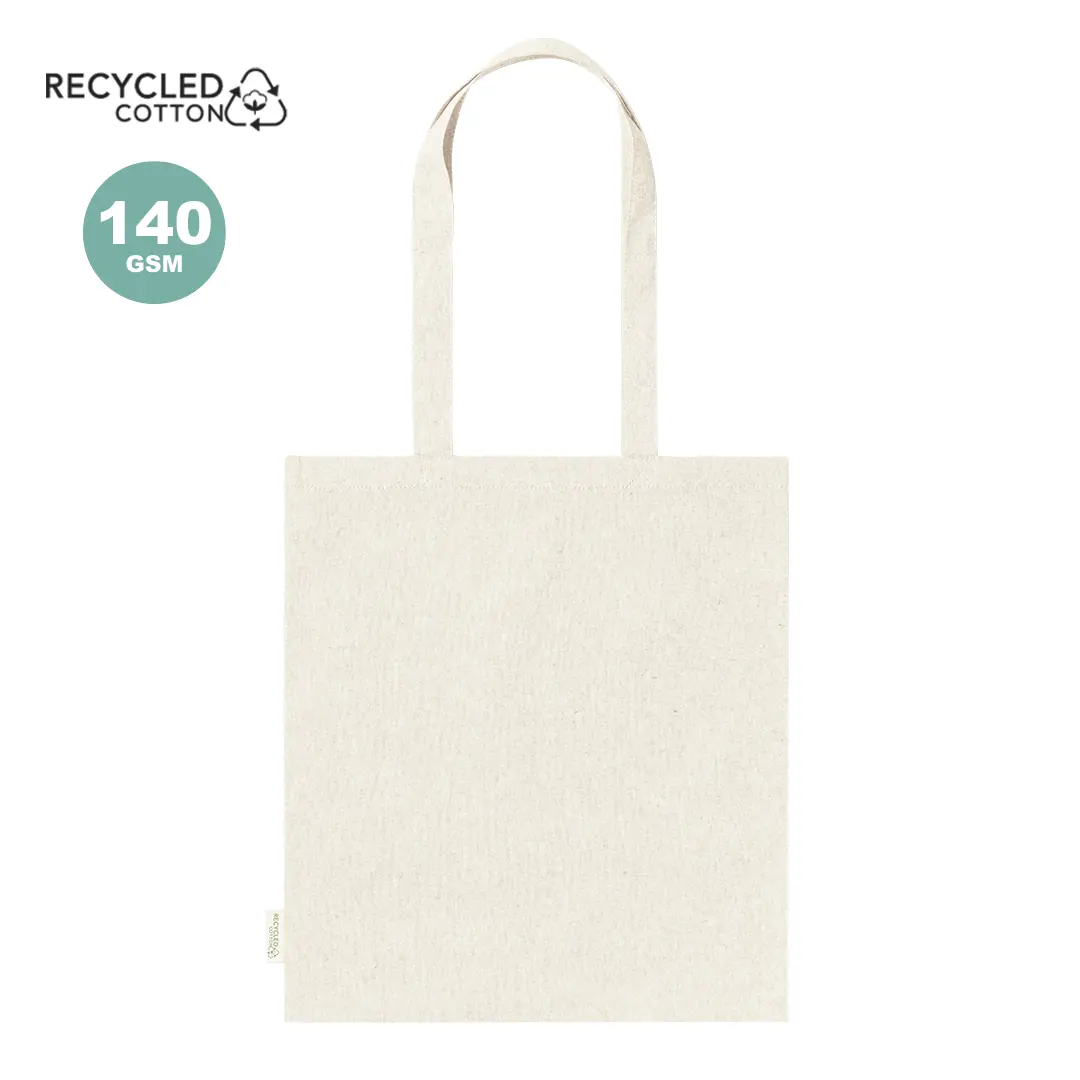 Bolsa tote de algodón reciclado natural de 140 g/m² con asas largas sobre fondo blanco