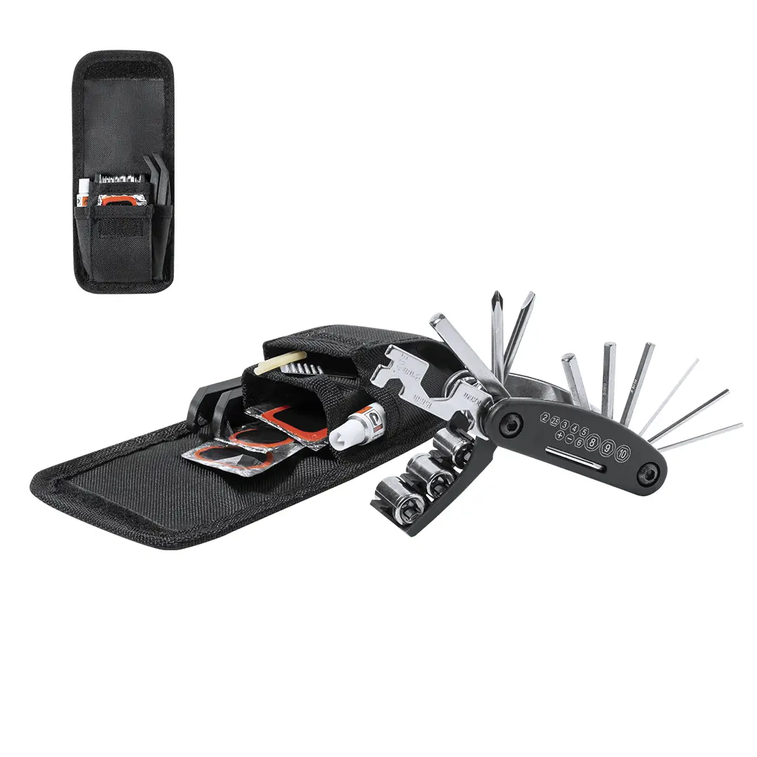 Juego de herramientas multiusos para ciclismo con llaves Allen, destornilladores, vasos, desmontables y parche de reparación en funda compacta.