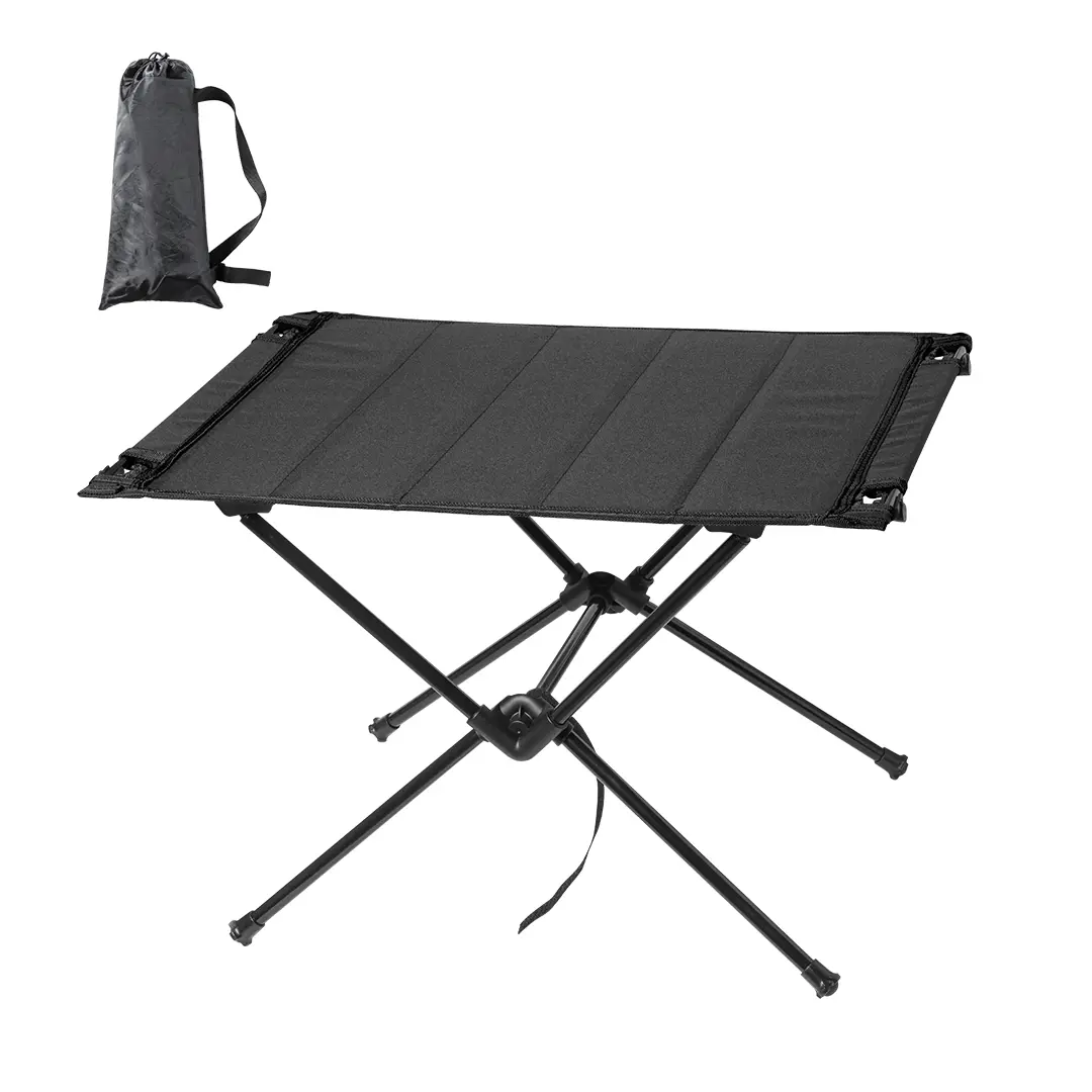 mesa plegable de camping negra con patas de aluminio y bolsa de transporte sencilla