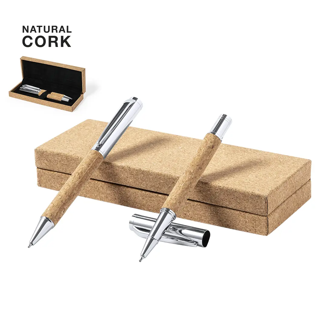 Set de bolígrafos de corcho con acabados metálicos en estuche de corcho natural