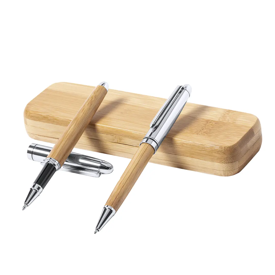 Estuche de bambú con bolígrafo y bolígrafo roller de madera y detalles metálicos