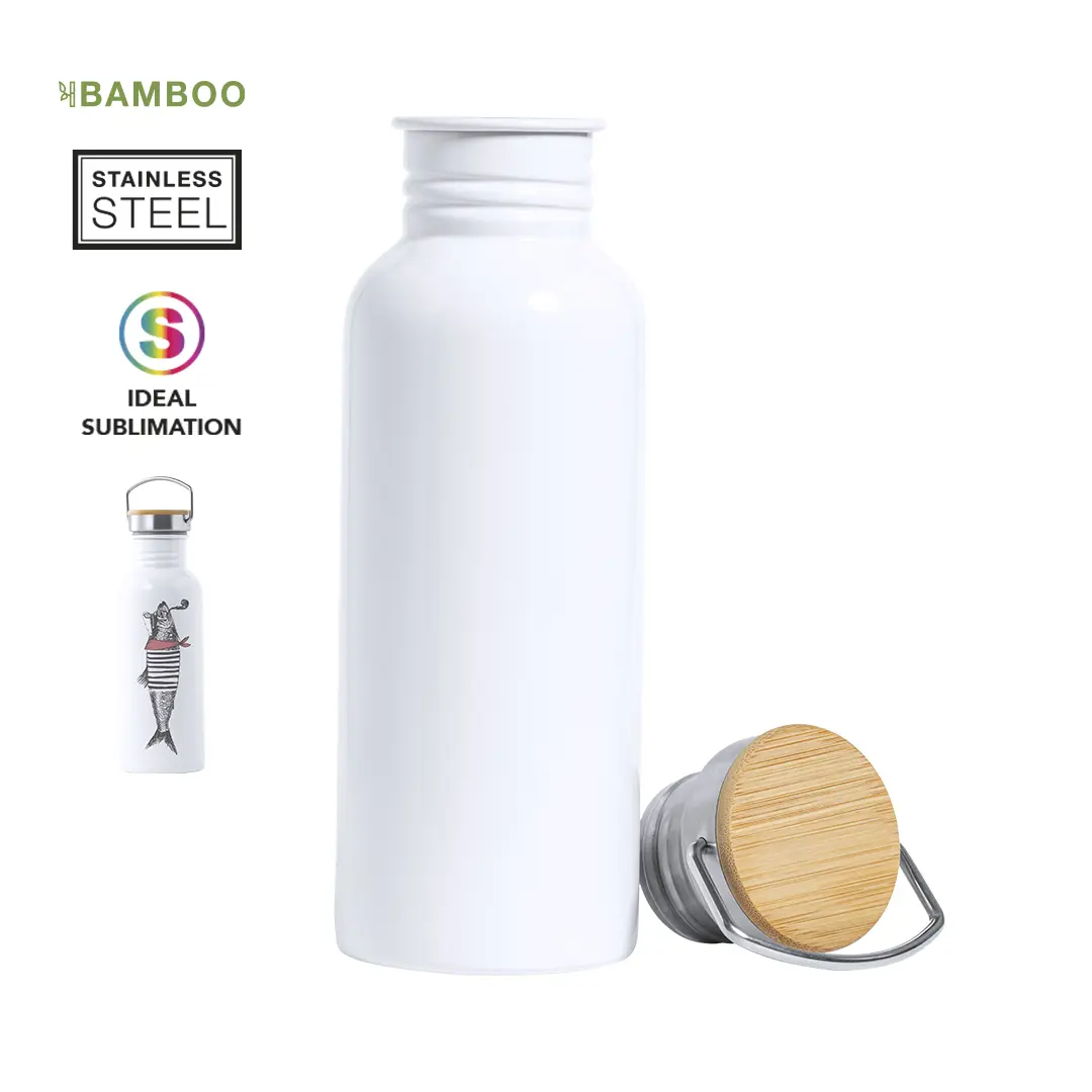 Botella de acero inoxidable blanca con tapa de bambú desenroscada, ideal para sublimación