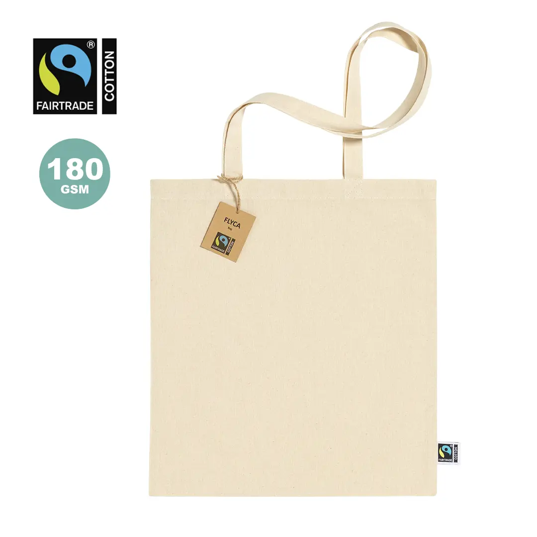 Bolsa tote de algodón Fairtrade beige con asa larga y etiqueta de 180 GSM.