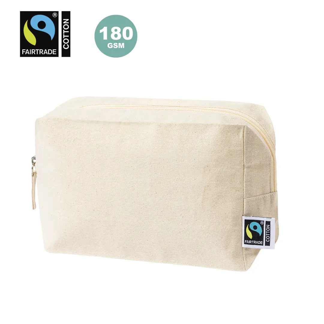Neceser rectangular de algodón crudo con cremallera y etiqueta Fairtrade 180 GSM