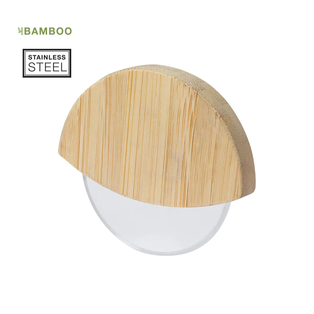Cortador de pizza con mango semicircular de bambú y rueda de acero inoxidable