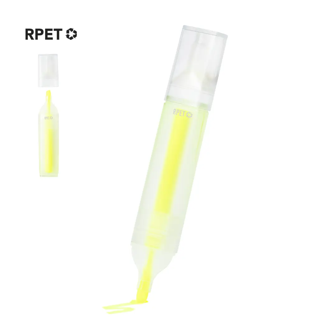 rotulador fluorescente amarillo con cuerpo translúcido RPET y punta abierta incluso marca de trazo amarillo