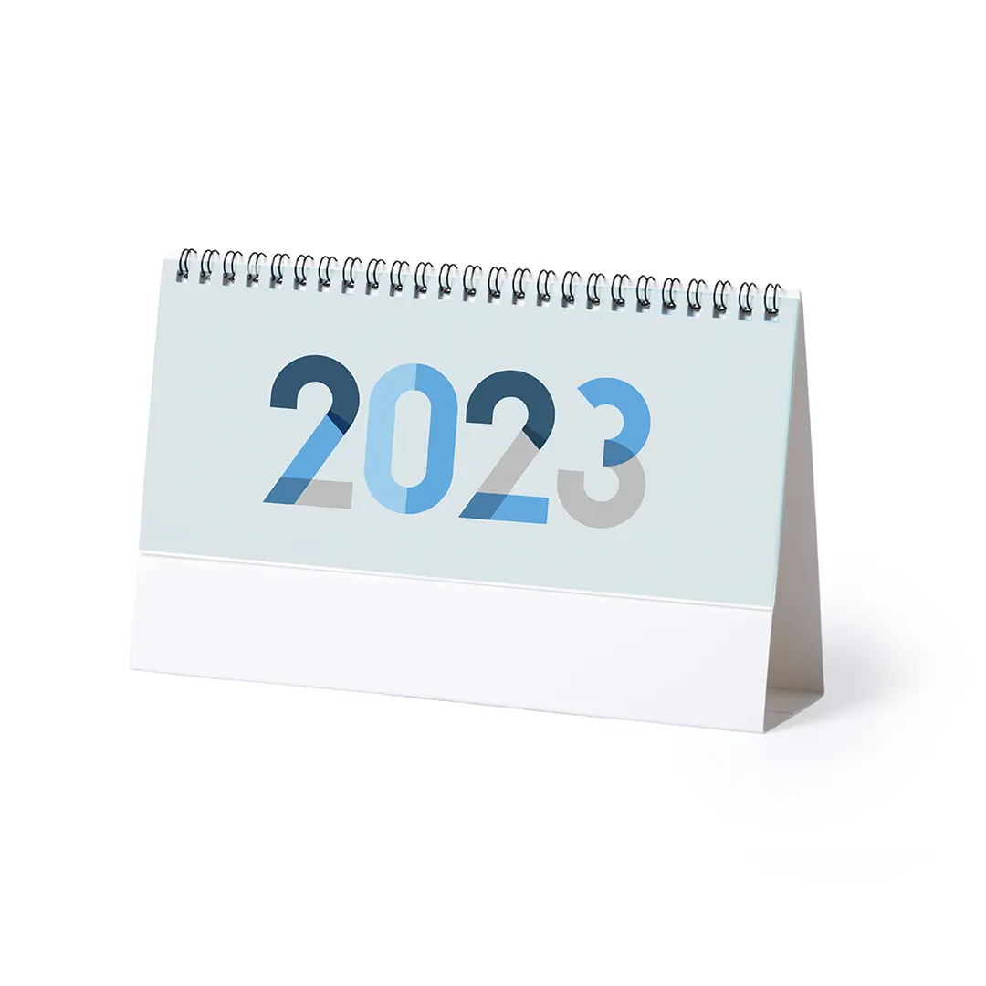 Calendario de sobremesa minimalista con el año 2023 impreso en azul y gris.